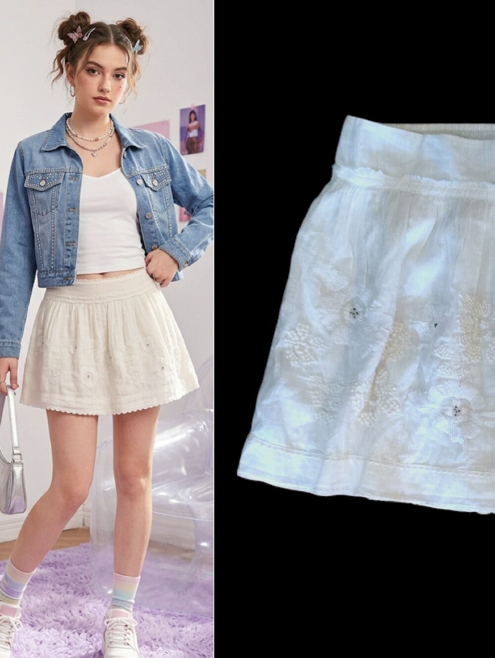 AEO 2010 Delicate Embroidered Y2K SoftGirl Cotton Mini Skirt Large Pull On